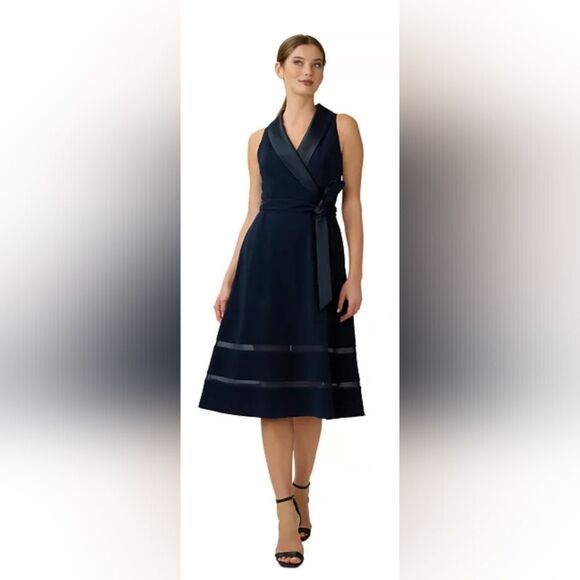 Adrianna Papell Women's Fit & Flare Tuxedo Dress NWT size 8 Midnight Blue - Picture 1 of 6